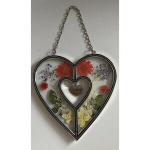 Hanging Sun Catcher Grandma Charm Glass Heart with Pressed Flowers 4" Tall